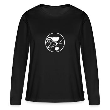 Merle dans l’arbre | Merle à la pomme - T-shirt manches longues Premium bio Femme - noir - Devant - Julia (174cm)