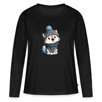 Loup mignon avec écharpe et chapeau à pompon. - T-shirt manches longues Premium bio Femme - noir - Devant - Julia (174cm)