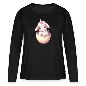 Schaf mit Einhorn in Eierschale Fantasievolles - Frauen Premium Bio Langarmshirt - Schwarz - Vorne - Julia (174cm)