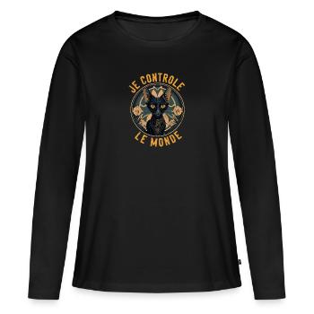 Hypnotisches Katzenporträt: Ich kontrolliere die Welt - Frauen Premium Bio Langarmshirt - Schwarz - Vorne - Julia (174cm)
