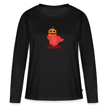 superheld, helloween,kürbis,umhang,held - Frauen Premium Bio Langarmshirt - Schwarz - Vorne - Julia (174cm)