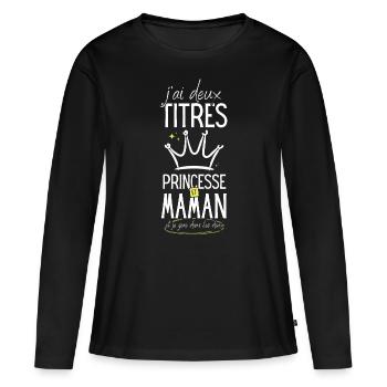 Princesse maman fête des mères rigolo girly - T-shirt manches longues Premium bio Femme - noir - Devant - Julia (174cm)