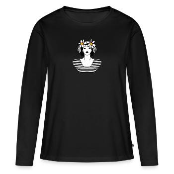 Daisy Elegance: noir, blanc et jaune - T-shirt manches longues Premium bio Femme - noir - Devant - Julia (174cm)