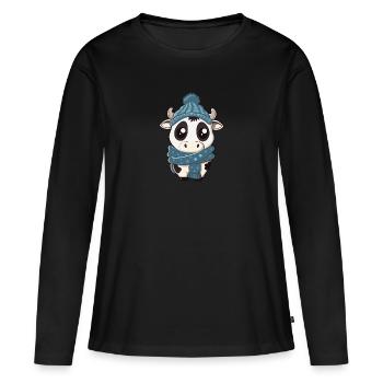 Vache mignonne avec écharpe et chapeau pompon – Mignon - T-shirt manches longues Premium bio Femme - noir - Devant - Julia (174cm)