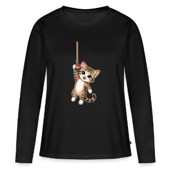 Katze hängt am Seil - Frauen Premium Bio Langarmshirt - Schwarz - Vorne - Julia (174cm)