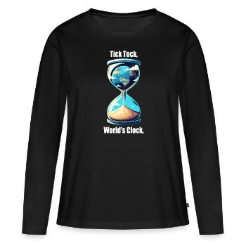 "Tick Tock, World's Clock" - Erde in Sanduhr - Frauen Premium Bio Langarmshirt - Schwarz - Vorne - Julia (174cm)