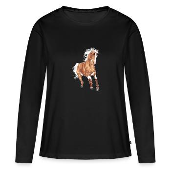 "Amoureux de cheval chevauchant un pur sang pur-sang" - T-shirt manches longues Premium bio Femme - noir - Devant - Julia (174cm)