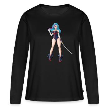Blue Hair Girl mit Katana Schwert - Frauen Premium Bio Langarmshirt - Schwarz - Vorne - Julia (174cm)