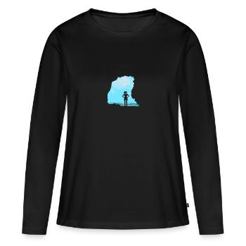 Bouldern \ Klettern - Frau vor Felsen - Frauen Premium Bio Langarmshirt - Schwarz - Vorne - Julia (174cm)