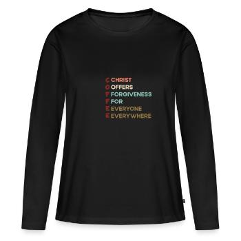 Kaffee Christus bietet allen überall Vergebung - Frauen Premium Bio Langarmshirt - Schwarz - Vorne - Julia (174cm)
