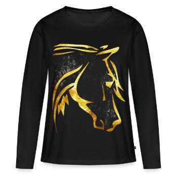 Équitation - Cavalier - Tête de cheval - Cheval d’or - T-shirt manches longues Premium bio Femme - noir - Devant - Julia (174cm)