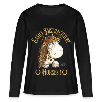 Easily Distracted By Horses Pferd Spruch - Frauen Premium Bio Langarmshirt - Schwarz - Vorne - Julia (174cm)