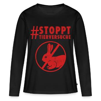 Tierschutz STOPPT TIERVERSUCHE LUSTIG - Frauen Premium Bio Langarmshirt - Schwarz - Vorne - Julia (174cm)