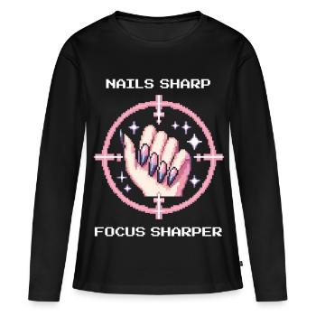 Des ongles acérés, une mise au point encore plus nette | Bord girly - T-shirt manches longues Premium bio Femme - noir - Devant - Julia (174cm)