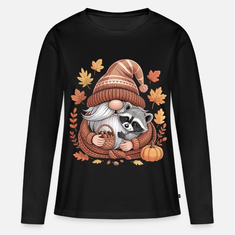 Herbst Wichtel Shirt mit Waschbär und Eicheln - Frauen Premium Bio Langarmshirt - Schwarz