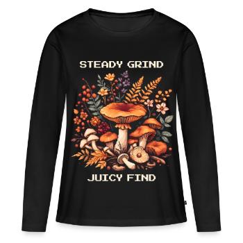 Mouture constante, trouvaille juteuse | Chasse aux champignons Chanterlin - T-shirt manches longues Premium bio Femme - noir - Devant - Julia (174cm)