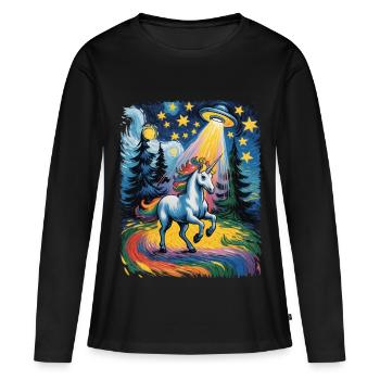 Leuchtendes Einhorn im Sternenrausch - Frauen Premium Bio Langarmshirt - Schwarz - Vorne - Julia (174cm)
