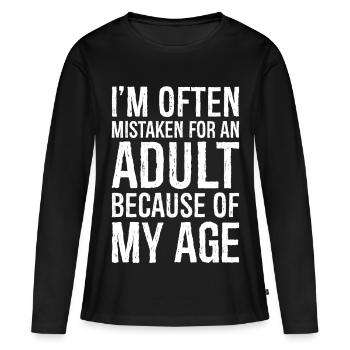 On me prend souvent pour un adulte à cause de mon âge - T-shirt manches longues Premium bio Femme - noir - Devant - Julia (174cm)