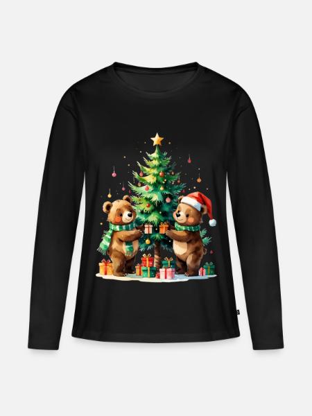 Winterbären am Weihnachtsbaum - Frauen Premium Bio Langarmshirt - Schwarz
