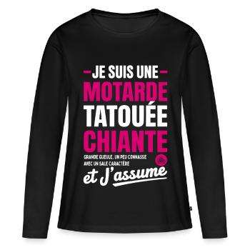 Motarde Tatouée Chiante Humour Moto pour Femme - T-shirt manches longues Premium bio Femme - noir - Devant - Julia (174cm)