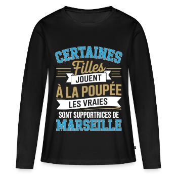 Humour Femme Supportrice Foot Marseille - T-shirt manches longues Premium bio Femme - noir - Devant - Julia (174cm)