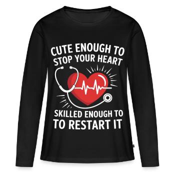 Motif de redémarrage cardiaque avec stéthoscope - T-shirt manches longues Premium bio Femme - noir - Devant - Julia (174cm)