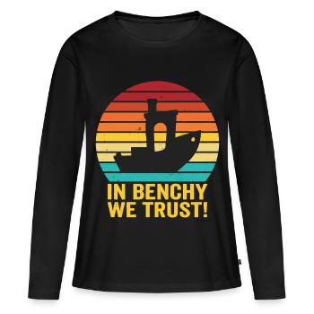 En Benchy, nous avons confiance – Design rétro d’impression 3D - T-shirt manches longues Premium bio Femme - noir - Devant - Julia (174cm)