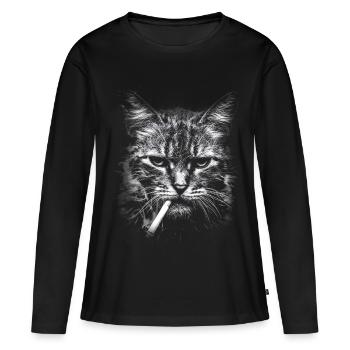 Rauchen, Zigarette, Katze raucht eine Zigarette - Frauen Premium Bio Langarmshirt - Schwarz - Vorne - Julia (174cm)