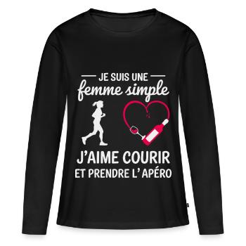 Femme simple humour course à pied et apéro - T-shirt manches longues Premium bio Femme - noir - Devant - Julia (174cm)