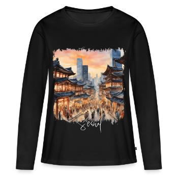 Séoul, Corée du Sud, Séoul Aquarelle - T-shirt manches longues Premium bio Femme - noir - Devant - Julia (174cm)