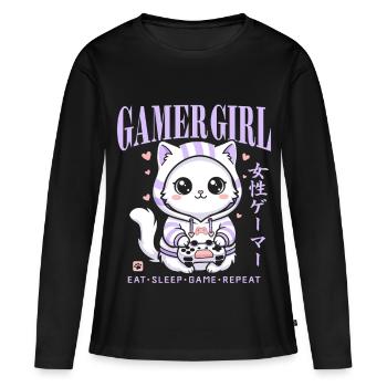 Gamer Girl Cat Kawaii Anime Gaming Mignon - T-shirt manches longues Premium bio Femme - noir - Devant - Julia (174cm)