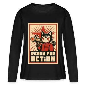 Retro Cat Commando : Prêt pour l'action - T-shirt manches longues Premium bio Femme - noir - Devant - Julia (174cm)