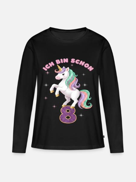 8. Geburtstag Einhorn Mädchen Ich bin schon 8 - Frauen Premium Bio Langarmshirt - Schwarz