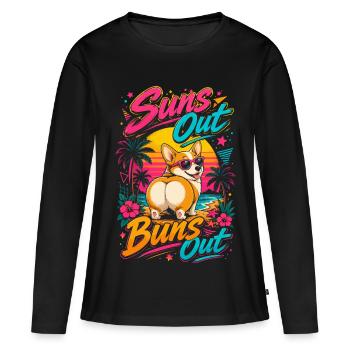 Corgi-Strand Sonne aus, Bündchen raus | Retro-Sommerhumor - Frauen Premium Bio Langarmshirt - Schwarz - Vorne - Julia (174cm)