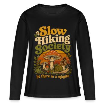 Randonnée Lente Club Slow Hiking | Rétro Humour - T-shirt manches longues Premium bio Femme - noir - Devant - Julia (174cm)