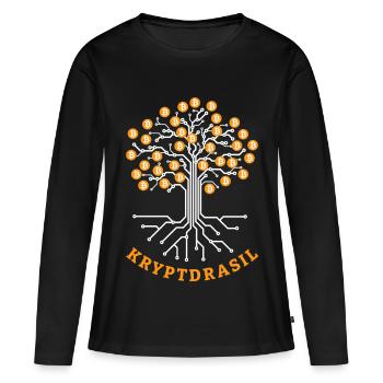 Kryptdrasil | Yggdrasil Bitcoin jeu de mots - T-shirt manches longues Premium bio Femme - noir - Devant - Julia (174cm)