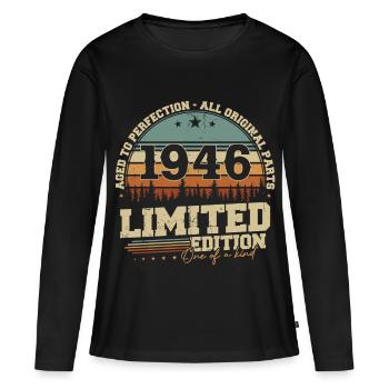 Né en 1946, cadeau d’anniversaire rétro vintage - T-shirt manches longues Premium bio Femme - noir - Devant - Julia (174cm)