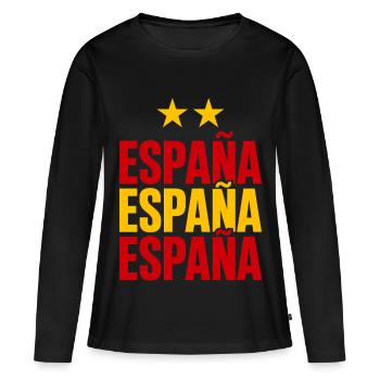 Spanien Schriftzug in Nationalfarben - Frauen Premium Bio Langarmshirt - Schwarz - Vorne - Julia (174cm)