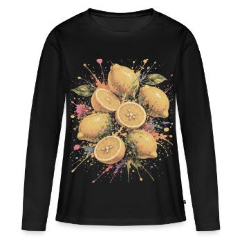 Citron Jaune Agrume Multicolore Splash Art - T-shirt manches longues Premium bio Femme - noir - Devant - Julia (174cm)