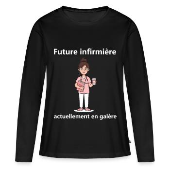 Étudiante Infirmière Épuisée - Cadeau Humour IFSI  - T-shirt manches longues Premium bio Femme - noir - Devant - Julia (174cm)