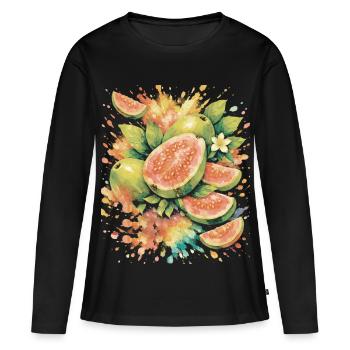 Tropische Guava Exotische Fruchtspritzkunst - Frauen Premium Bio Langarmshirt - Schwarz - Vorne - Julia (174cm)