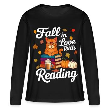 Chat qui lit des livres Automne Citrouille - Amoureux des livres - T-shirt manches longues Premium bio Femme - noir - Devant - Julia (174cm)
