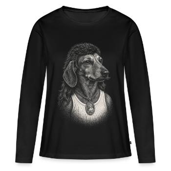 Mème du chien drôle des années 80 avec teckel mullet - T-shirt manches longues Premium bio Femme - noir - Devant - Julia (174cm)