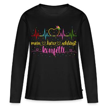 Fasching Herzschlag EKG Mein Herz schlägt Konfetti - Frauen Premium Bio Langarmshirt - Schwarz - Vorne - Julia (174cm)