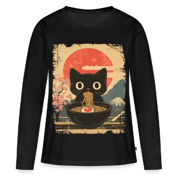 Katze isst Ramen - vintage style - Frauen Premium Bio Langarmshirt - Schwarz - Vorne - Julia (174cm)