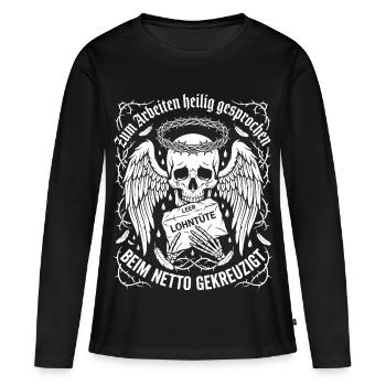 Zum Arbeiten Heilig Gesprochen - Frauen Premium Bio Langarmshirt - Schwarz - Vorne - Julia (174cm)