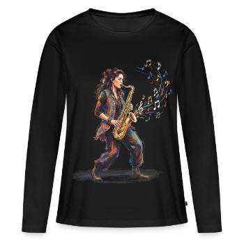 Female Saxophonist Playing Saxophone Art Print - Women's Premium Organic Long Sleeve Shirt - black - Front - Julia (174cm)
