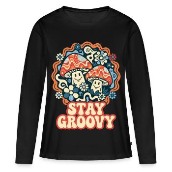 Stay Groovy Retro Pilze - Frauen Premium Bio Langarmshirt - Schwarz - Vorne - Julia (174cm)