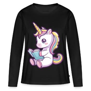 Niedliches Einhorn Cartoon liest ein Buch - Frauen Premium Bio Langarmshirt - Schwarz - Vorne - Julia (174cm)