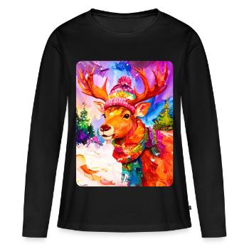 Renne avec chapeau à pompon - T-shirt manches longues Premium bio Femme - noir - Devant - Julia (174cm)